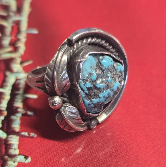Vintage Navajo Sterling Silver And Raw Nugget Turquoise Ring Size 6 - Picture 2 of 5